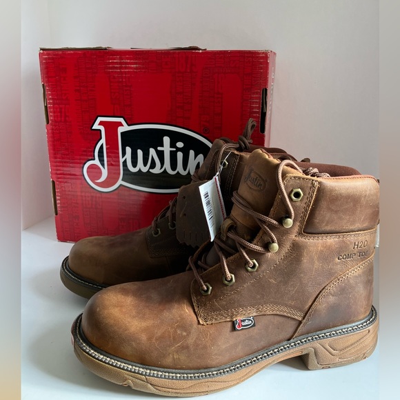 Justin Cowhide Work Boots, Men’s 9EE, Leather, Comp Safety Toe, Brown, NWT - Picture 2 of 12